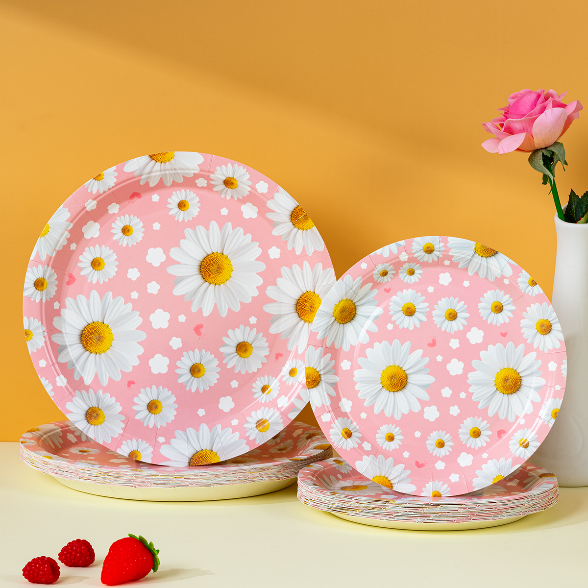 Event Supplies - Pink Daisy Print Disposable Paper Plates,